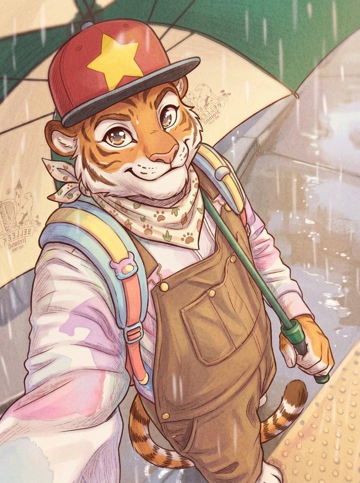 Illustrated portrait of TygrStylz: a smiling tiger in a red star cap, paw-print bandana and overalls, holding an umbrella in the rain